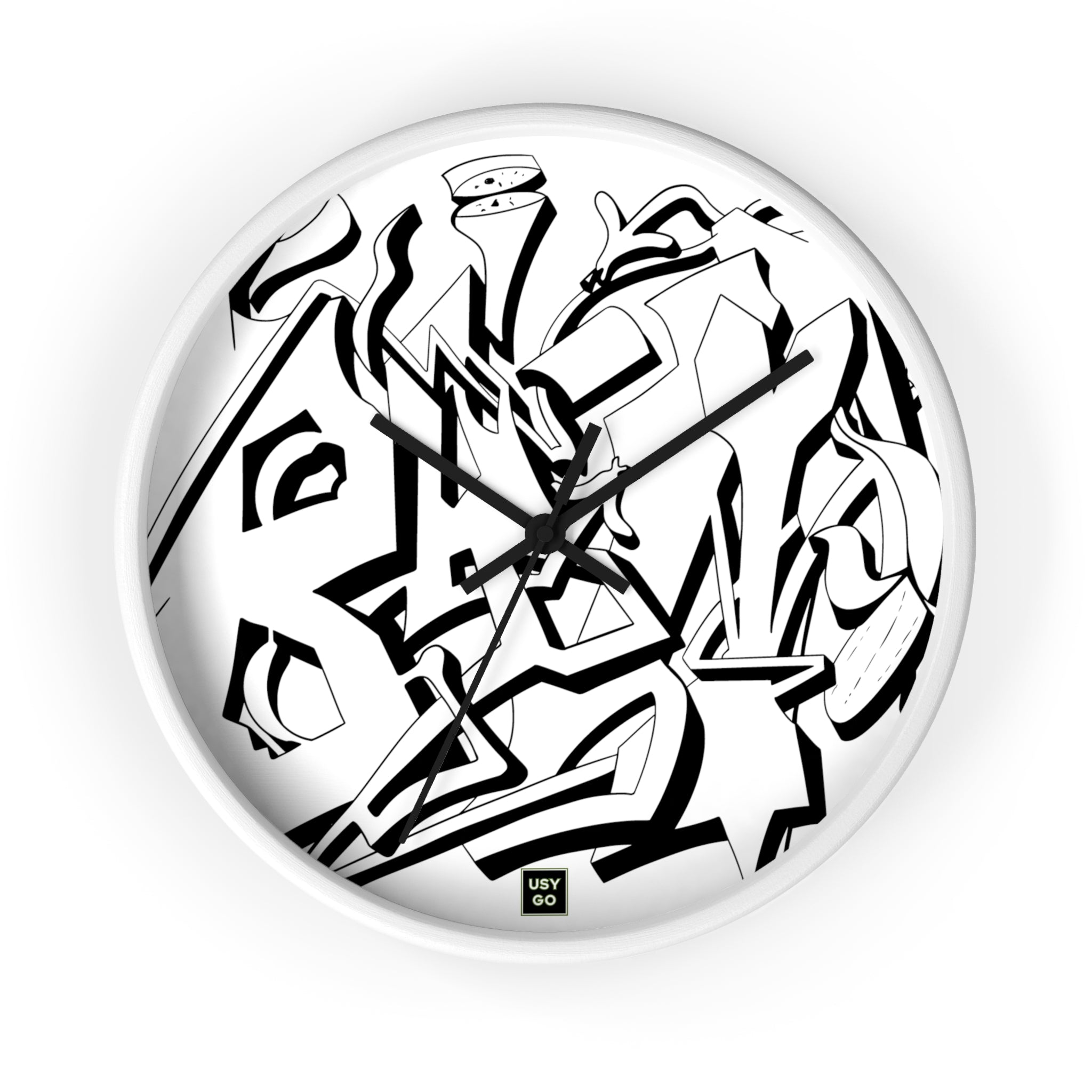 White Wall Clock 10 inches Graffiti Style