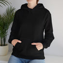 Person wearing a Heavy Blend Hoodie Gildan 18500 Unisex Jersey with blank front. Made from 50% Cotton 50% Polyester in Black. Pouch pocket and the tear-away label make for a highly comfortable, scratch-free wearing.