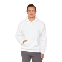 Person wearing a Heavy Blend Hoodie Gildan 18500 Unisex Jersey blank front. Made from 50% Cotton 50% Polyester in White. Pouch pocket and the tear-away label make for a highly comfortable, scratch-free wearing.