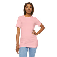 Person wearing a T-Shirt Bella+Canvas 3001 Unisex Jersey Short Sleeve Tee withno designe on the front. Made from lightweight 100% Airlume combed and ring-spun cotton in Pink, ideal for active and leisure wear.