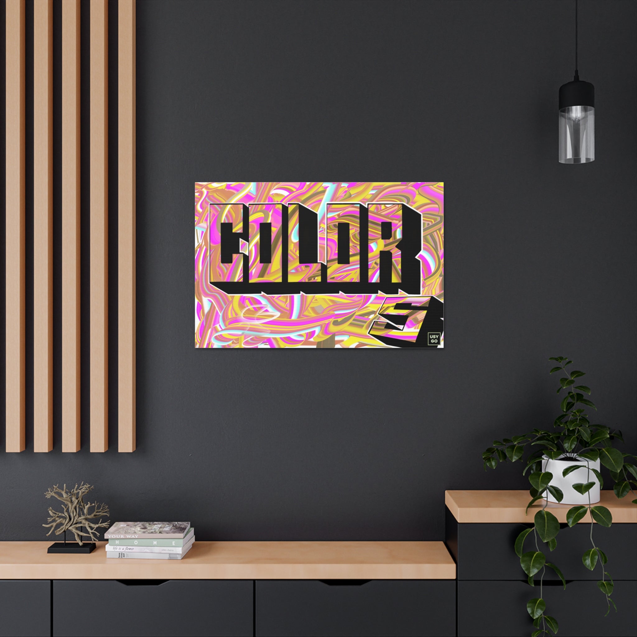 COLORS Canvas by @johnnygraff31 displayed in a modern living room, adding a bold urban art statement to the decor. The gallery-wrapped canvas complements contemporary interiors with its vibrant and unique street art design.