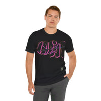 Person wearing Bella+Canvas 3001 Unisex Jersey Short Sleeve Tee with Graffiti Clean design on the front. Design is in Black and Pink. Made from lightweight 100% Airlume combed and ring-spun cotton in Black, ideal for active and leisure wear.