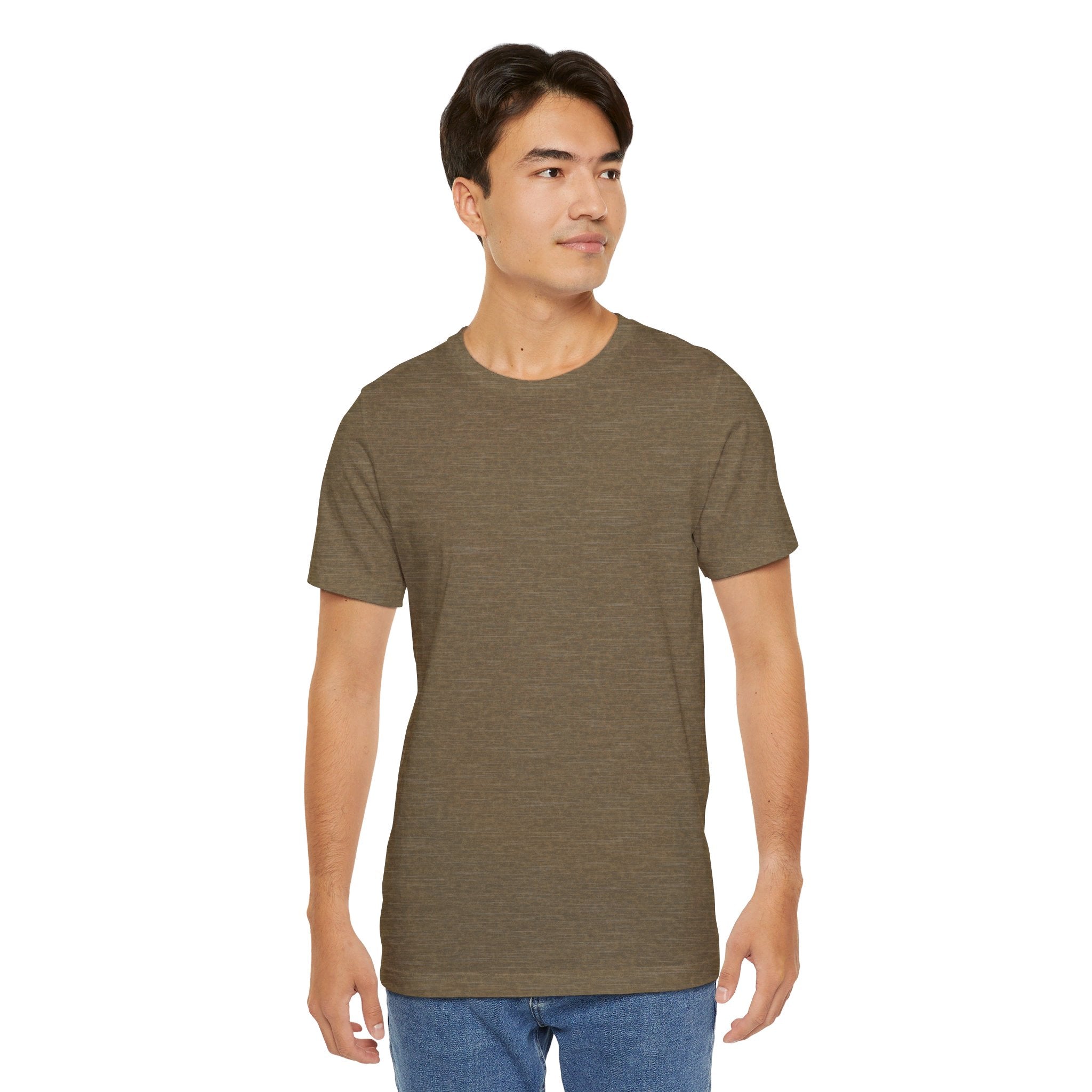 Person wearing a T-Shirt Bella+Canvas 3001 Unisex Jersey Short Sleeve Tee with no design on the front. Made from lightweight 100% Airlume combed and ring-spun cotton in Heather Olive, ideal for active and leisure wear.