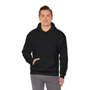 Person wearing a Heavy Blend Hoodie Gildan 18500 Unisex Jersey with blank front. Made from 50% Cotton 50% Polyester in Black. Pouch pocket and the tear-away label make for a highly comfortable, scratch-free wearing.