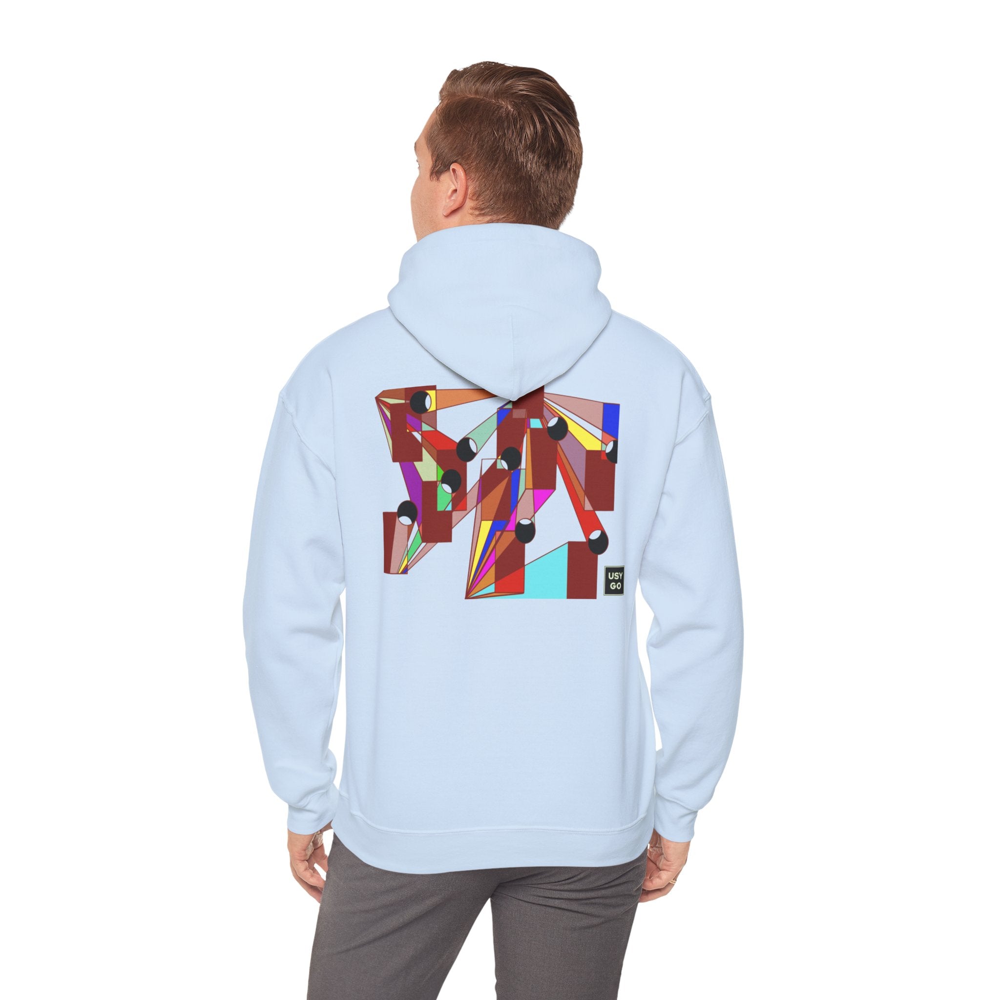 Person wearing a Heavy Blend Hoodie Gildan 18500 Unisex Jersey with DISCO design by @johnnygraff31 printed on the back. Made from 50% Cotton 50% Polyester in Light Blue. Pouch pocket and the tear-away label make for a highly comfortable, scratch-free wearing