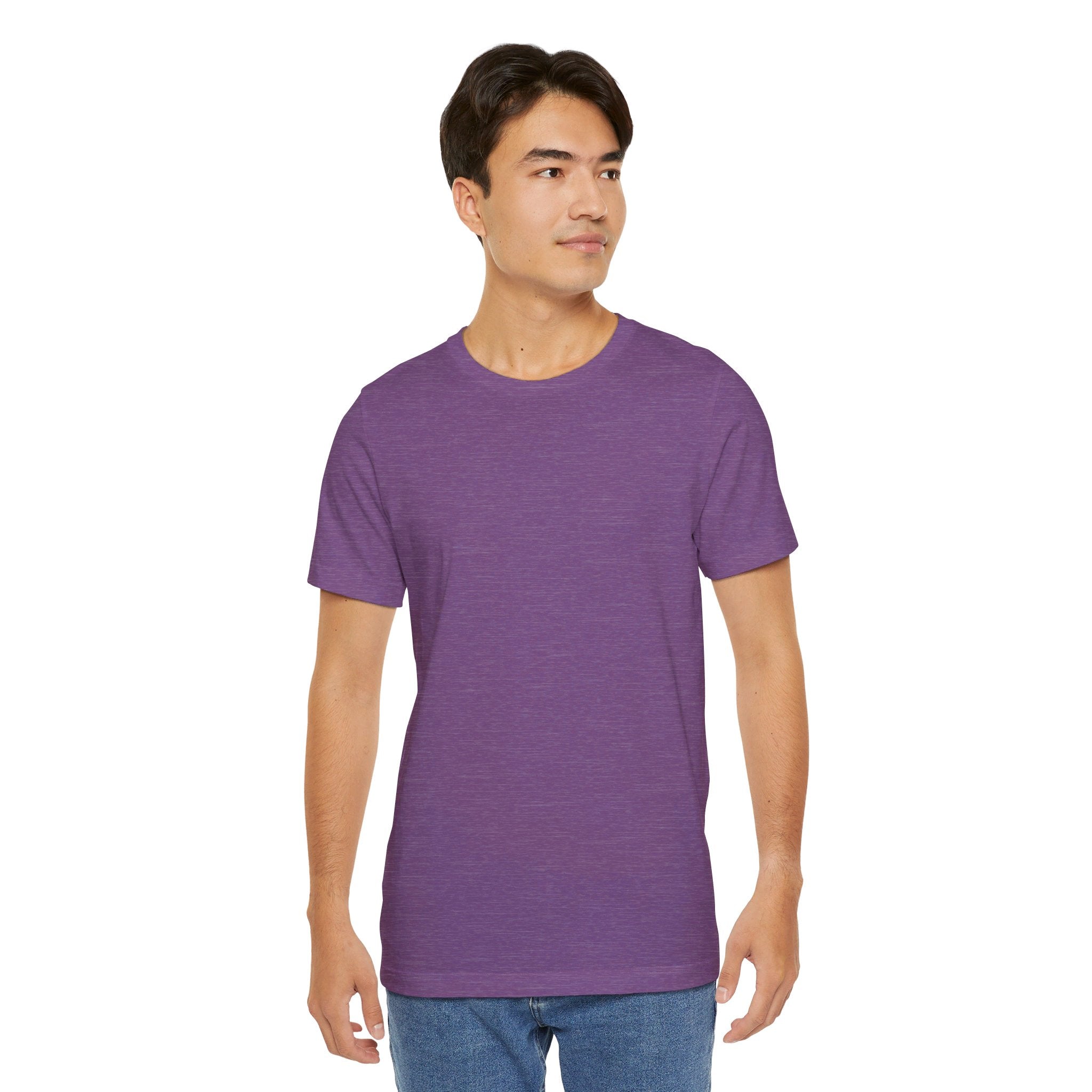 Person wearing Bella+Canvas 3001 Unisex Jersey Short Sleeve Tee with no design on the front. Made from lightweight 100% Airlume combed and ring-spun cotton in Heather Purple, ideal for active and leisure wear.