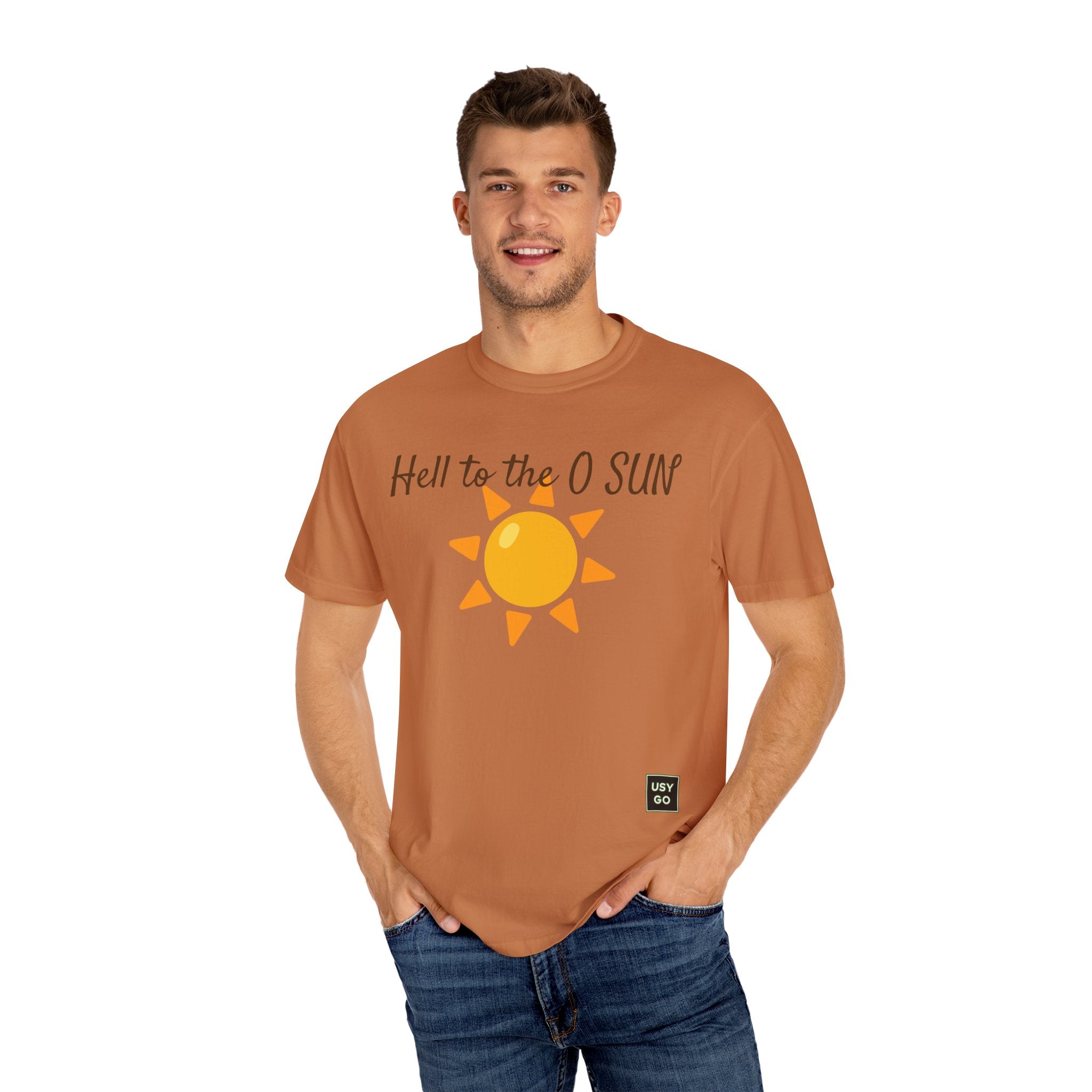 Person wearing Comfort Colors 1717 Unisex Jersey Short Sleeve Tee with Hell to the O SUN emoji design on the front  in Yam, ideal for active and leisure wear.