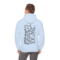 Person wearing Heavy Blend Hoodie Gildan 18500 Unisex Jersey with BANANA design by @johnnygraff31 printed on the back. 50% Cotton 50% Polyester in Light Blue. Pouch pocket and the tear-away label make for a comfortable, scratch-free wearing.