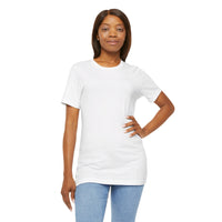 Person wearing a T-Shirt Bella+Canvas 3001 Unisex Jersey Short Sleeve Tee with no design on the front. Made from lightweight 100% Airlume combed and ring-spun cotton in White, ideal for active and leisure wear.