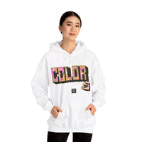 Person wearing a Heavy Blend Hoodie Gildan 18500 Unisex Jersey with Colors design by @johnnygraff31 printed on the front. Made from 50% Cotton 50% Polyester in White. Pouch pocket and the tear-away label make for a highly comfortable