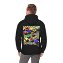 Person wearing a Heavy Blend Hoodie Gildan 18500 Unisex Jersey with Flying Squares design by @johnnygraff31 printed on the back. Made from 50% Cotton 50% Polyester in Black. Pouch pocket and the tear-away label make for a highly comfortable