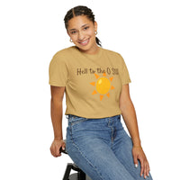 Person wearing Comfort Colors 1717 Unisex Jersey Short Sleeve Tee with Hell to the O SUN emoji design on the front  in Mustard, ideal for active and leisure wear.