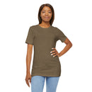 Person wearing a T-Shirt Bella+Canvas 3001 Unisex Jersey Short Sleeve Tee with no design on the front. Made from lightweight 100% Airlume combed and ring-spun cotton in Heather Olive, ideal for active and leisure wear.