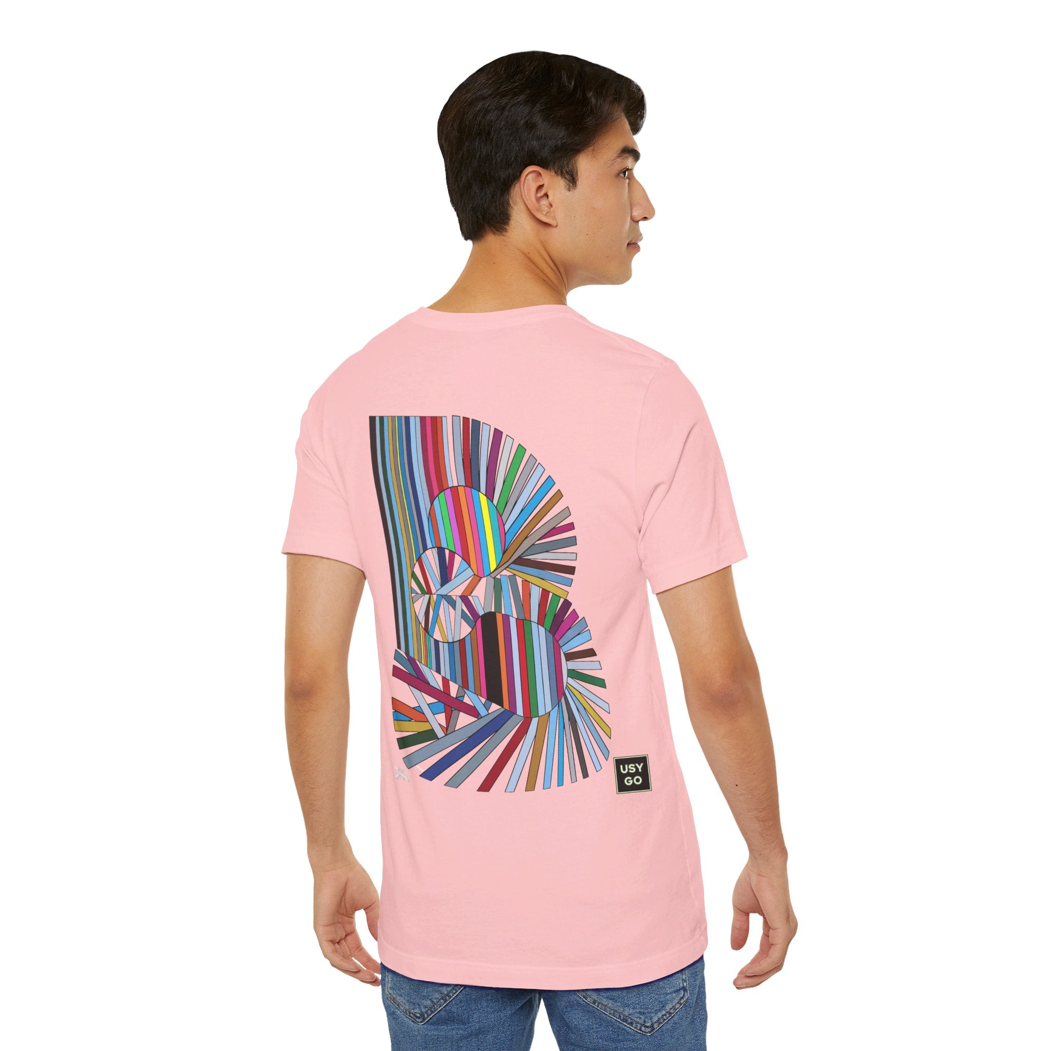 Person wearing a T-Shirt Bella+Canvas 3001 Unisex Jersey Short Sleeve Tee with Abstract design by @johnnygraff31 on the back. Made from lightweight 100% Airlume combed and ring-spun cotton in Pink, ideal for active and leisure wear.