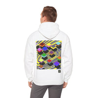 Person wearing a Heavy Blend Hoodie Gildan 18500 Unisex Jersey with Flying Squares design by @johnnygraff31 printed on the back. Made from 50% Cotton 50% Polyester in White. Pouch pocket and the tear-away label make for a highly comfortable