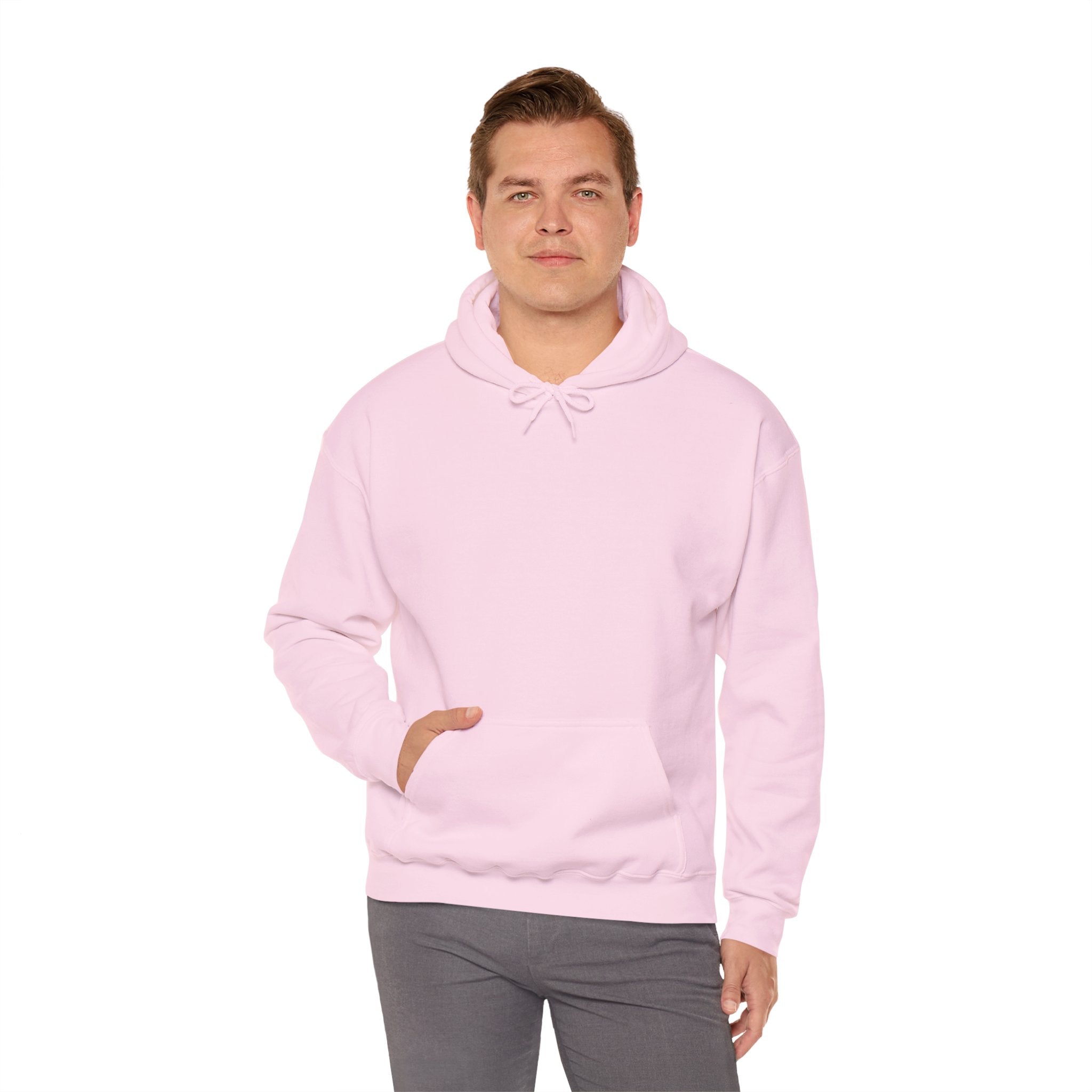 Person wearing a Heavy Blend Hoodie Gildan 18500 Unisex Jersey blank front. Made from 50% Cotton 50% Polyester in Light Pink. Pouch pocket and the tear-away label make for a highly comfortable, scratch-free wearing.