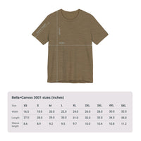 Size chart for Bella+Canvas 3001 Unisex Jersey Short Sleeve Tee featuring Ace design by @johnnygraff31. Includes measurements for chest width and length in inches or centimeters, helping customers select the right size.