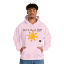 Person wearing a Heavy Blend Hoodie Gildan 18500 Unisex Jersey with Heel to the O SUN design printed on the front. Made from 50% Cotton 50% Polyester in Light Pink. Pouch pocket and the tear-away label make for a highly comfortable