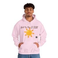 Person wearing a Heavy Blend Hoodie Gildan 18500 Unisex Jersey with Heel to the O SUN design printed on the front. Made from 50% Cotton 50% Polyester in Light Pink. Pouch pocket and the tear-away label make for a highly comfortable