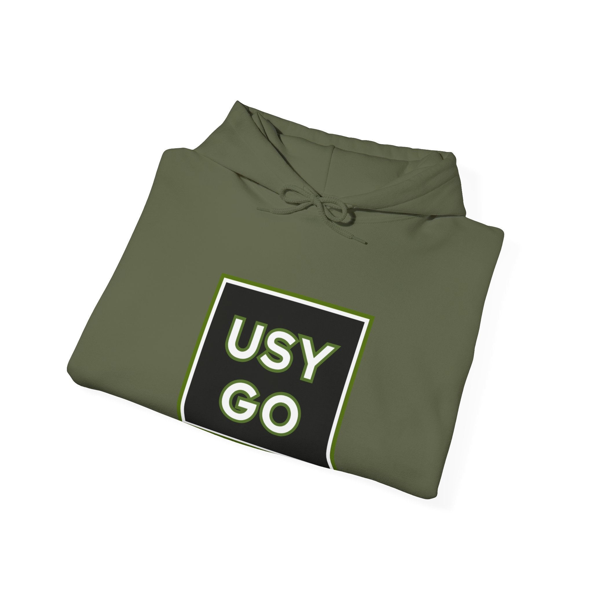 Close-up of a folded Heavy Blend Hoodie Gildan 18500 Unisex Jersey with big USYGO logo on the front. Made from 50% Cotton 50% Polyester in Military Green. Pouch pocket and the tear-away label make for a highly comfortable, scratch-free wearing.