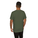 Person wearing Bella+Canvas 3001 Unisex Jersey Short Sleeve Tee with no design on the back. Made from lightweight 100% Airlume combed and ring-spun cotton in Military Green, ideal for active and leisure wear.