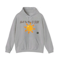 Heavy Blend Hoodie Gildan 18500 Unisex Jersey with Heel to the O SUN design printed on the front. Made from 50% Cotton 50% Polyester in Sport Grey. Pouch pocket and the tear-away label make for a highly comfortable