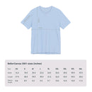 Size chart for Bella+Canvas 3001 Unisex Jersey Short Sleeve Tee featuring JG Fish design by @johnnygraff31. Includes measurements for chest width and length in inches or centimeters, helping customers select the right size.