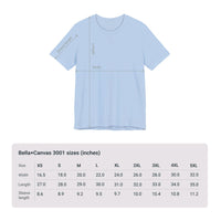 Size chart for Bella+Canvas 3001 Unisex Jersey Short Sleeve Tee featuring JG Fish design by @johnnygraff31. Includes measurements for chest width and length in inches or centimeters, helping customers select the right size.