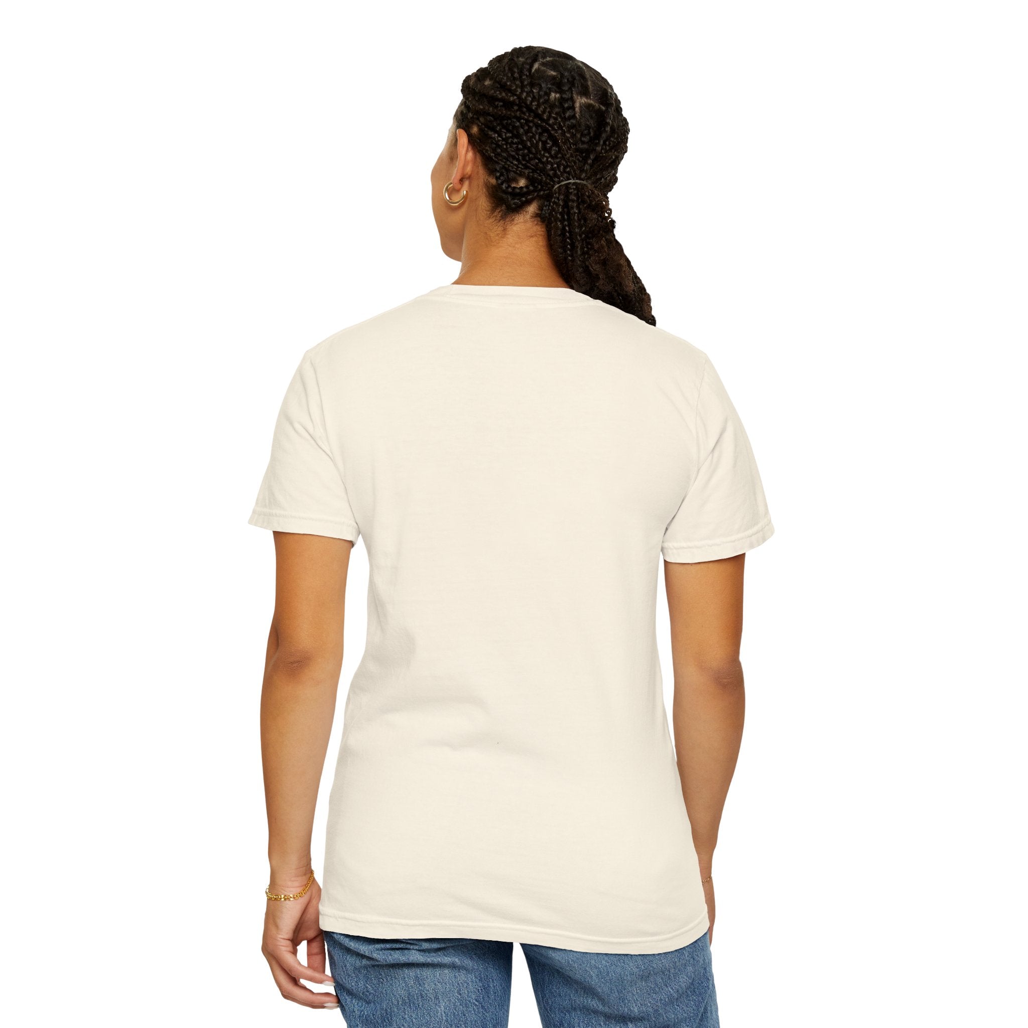 Person wearing Comfort Colors 1717 Unisex Jersey Short Sleeve Tee view from the back blank