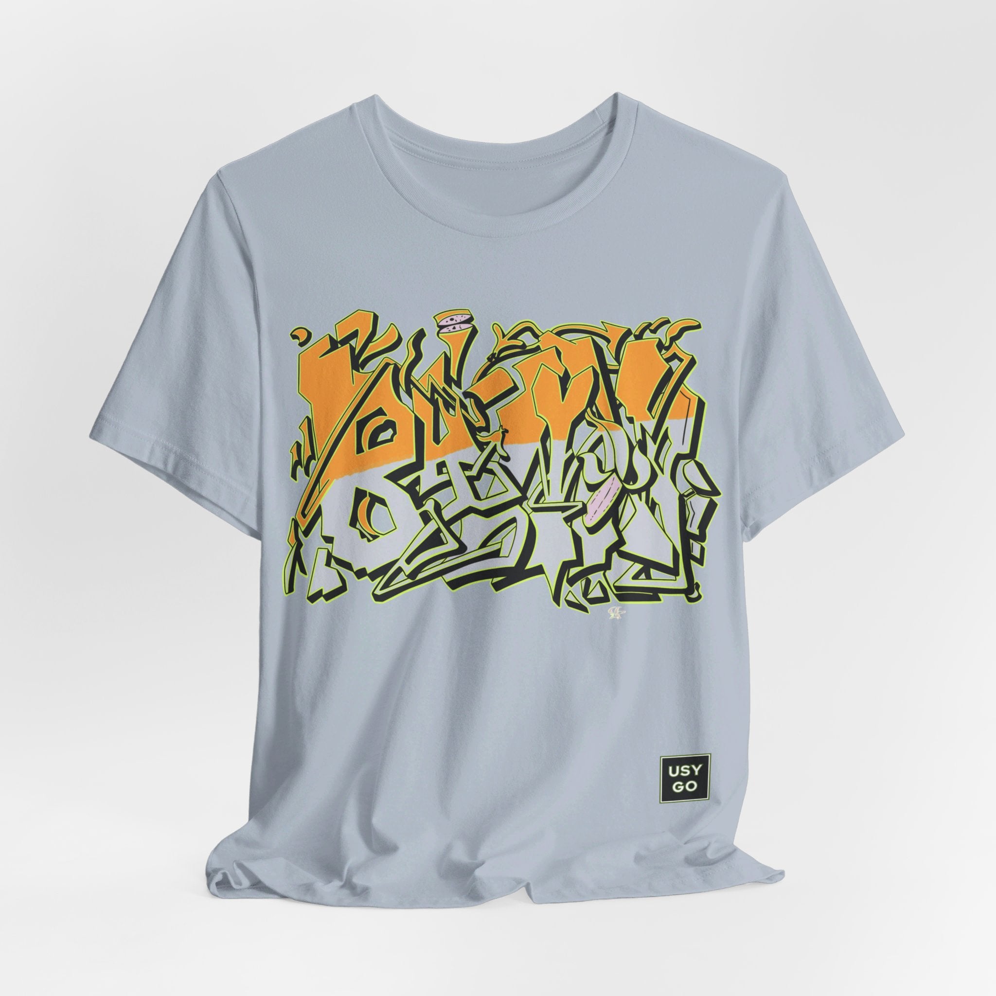 Bella+Canvas 3001 Unisex Jersey Short Sleeve Tee with Graffiti Banana design Yellow and Grey by @johnnygraff31 on the front Made from lightweight 100% Airlume combed and ring-spun cotton in Light Blue, ideal for active and leisure wear