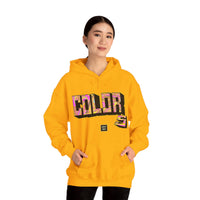 Person wearing a Heavy Blend Hoodie Gildan 18500 Unisex Jersey with Colors design by @johnnygraff31 printed on the front. Made from 50% Cotton 50% Polyester in Gold. Pouch pocket and the tear-away label make for a highly comfortable