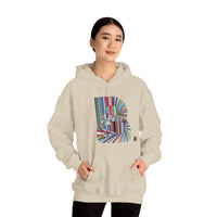 Person wearing a Heavy Blend Hoodie Gildan 18500 Unisex Jersey with ABSTRACT design by @johnnygraff31 printed on the front. Made from 50% Cotton 50% Polyester in Sand. Pouch pocket and the tear-away label make for a highly comfortable.