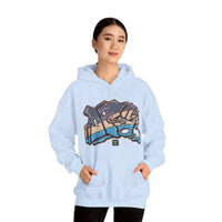 Person wearing a Heavy Blend Hoodie Gildan 18500 Unisex Jersey with JG Fish design by @johnnygraff31 printed on the front. Made from 50% Cotton 50% Polyester in Light Blue. Pouch pocket and the tear-away label make for a highly comfortable