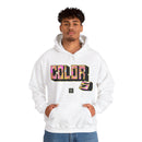 Person wearing a Heavy Blend Hoodie Gildan 18500 Unisex Jersey with Colors design by @johnnygraff31 printed on the front. Made from 50% Cotton 50% Polyester in White. Pouch pocket and the tear-away label make for a highly comfortable