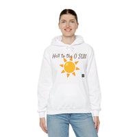 Person wearing a Heavy Blend Hoodie Gildan 18500 Unisex Jersey with Heel to the O SUN design printed on the front. Made from 50% Cotton 50% Polyester in White. Pouch pocket and the tear-away label make for a highly comfortable