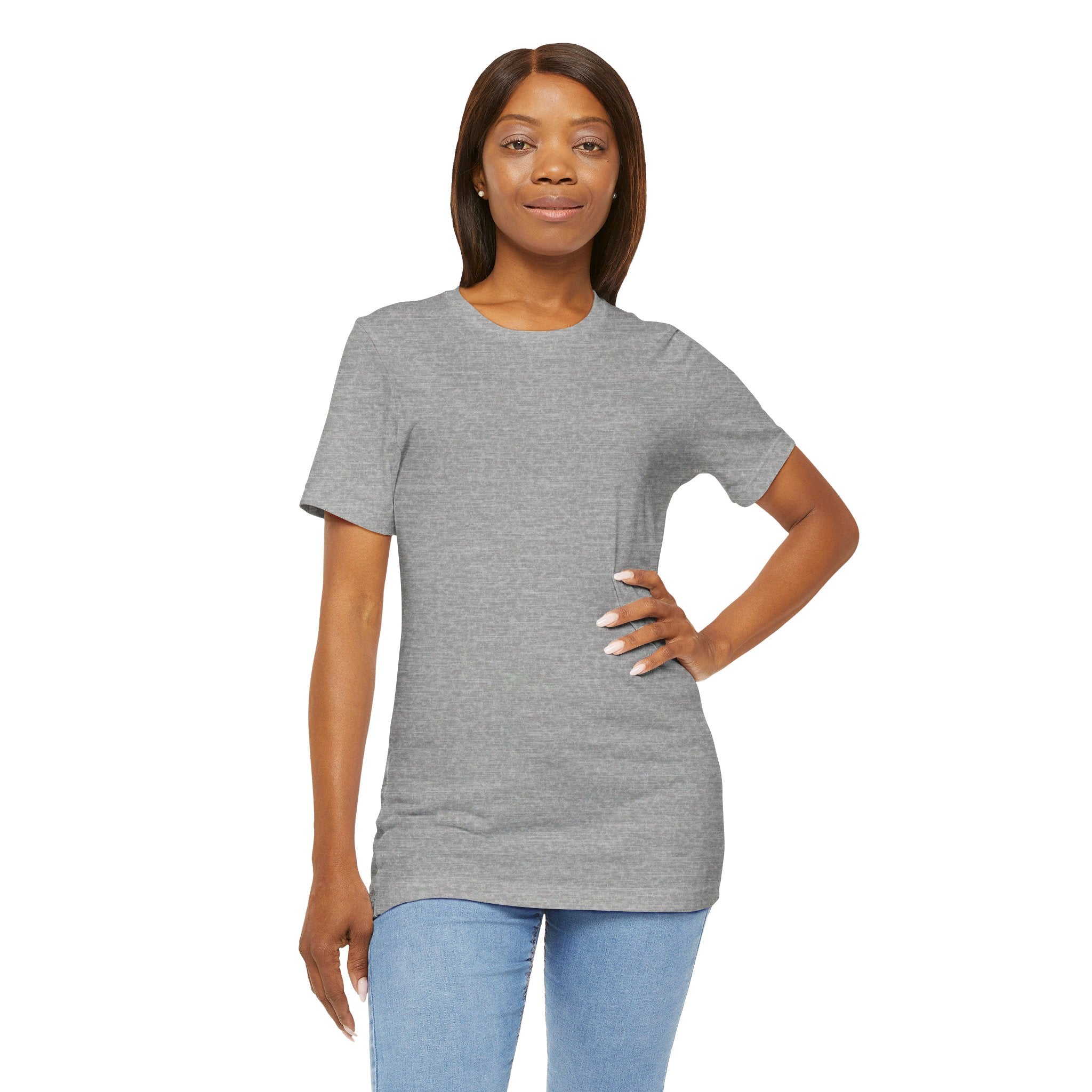 Person wearing a T-Shirt Bella+Canvas 3001 Unisex Jersey Short Sleeve Tee with no design on the front. Made from lightweight 100% Airlume combed and ring-spun cotton in Athletic Heather, ideal for active and leisure wear.