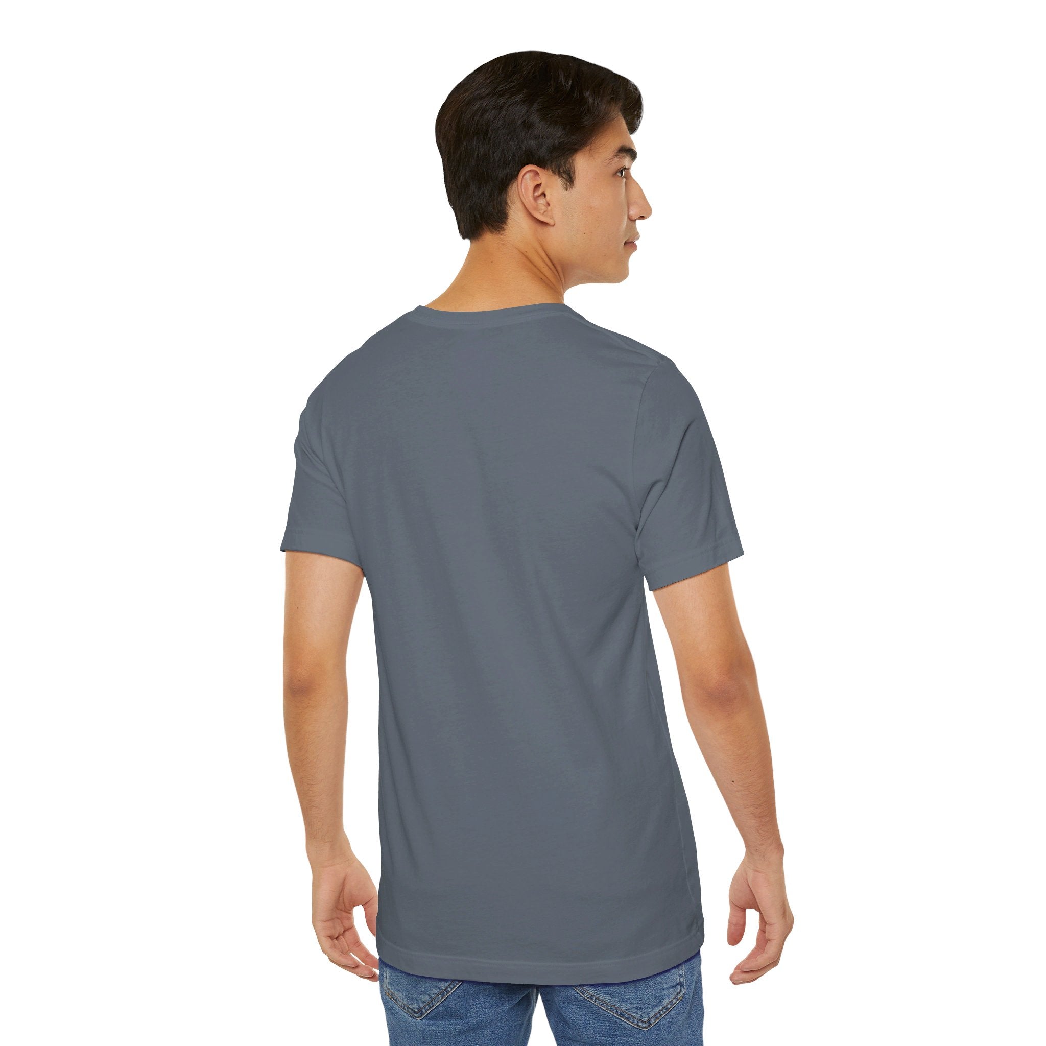 Person wearing Bella+Canvas 3001 Unisex Jersey Short Sleeve Tee with no design on the back. Made from lightweight 100% Airlume combed and ring-spun cotton in Steel Blue, ideal for active and leisure wear