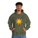 Person wearing a Heavy Blend Hoodie Gildan 18500 Unisex Jersey with Heel to the O SUN design printed on the front. Made from 50% Cotton 50% Polyester in Military Green. Pouch pocket and the tear-away label make for a highly comfortable