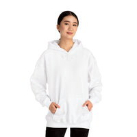 Person wearing a Heavy Blend Hoodie Gildan 18500 Unisex Jersey with blank front. Made from 50% Cotton 50% Polyester in White. Pouch pocket and the tear-away label make for a highly comfortable, scratch-free wearing.