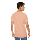 Person wearing Bella+Canvas 3001 Unisex Jersey Short Sleeve Tee with no design on the back. Made from lightweight 100% Airlume combed and ring-spun cotton in Heather Peach, ideal for active and leisure wear