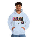 Person wearing a Heavy Blend Hoodie Gildan 18500 Unisex Jersey with Colors design by @johnnygraff31 printed on the front. Made from 50% Cotton 50% Polyester in Light Blue. Pouch pocket and the tear-away label make for a highly comfortable