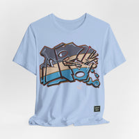 Bella+Canvas 3001 Unisex Jersey Short Sleeve Tee with JG Fish Graffiti design on the front. Made from lightweight 100% Airlume combed and ring-spun cotton in Baby blue, ideal for active and leisure wear.