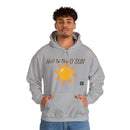 Person wearing a Heavy Blend Hoodie Gildan 18500 Unisex Jersey with Heel to the O SUN design printed on the front. Made from 50% Cotton 50% Polyester in Sport Grey. Pouch pocket and the tear-away label make for a highly comfortable