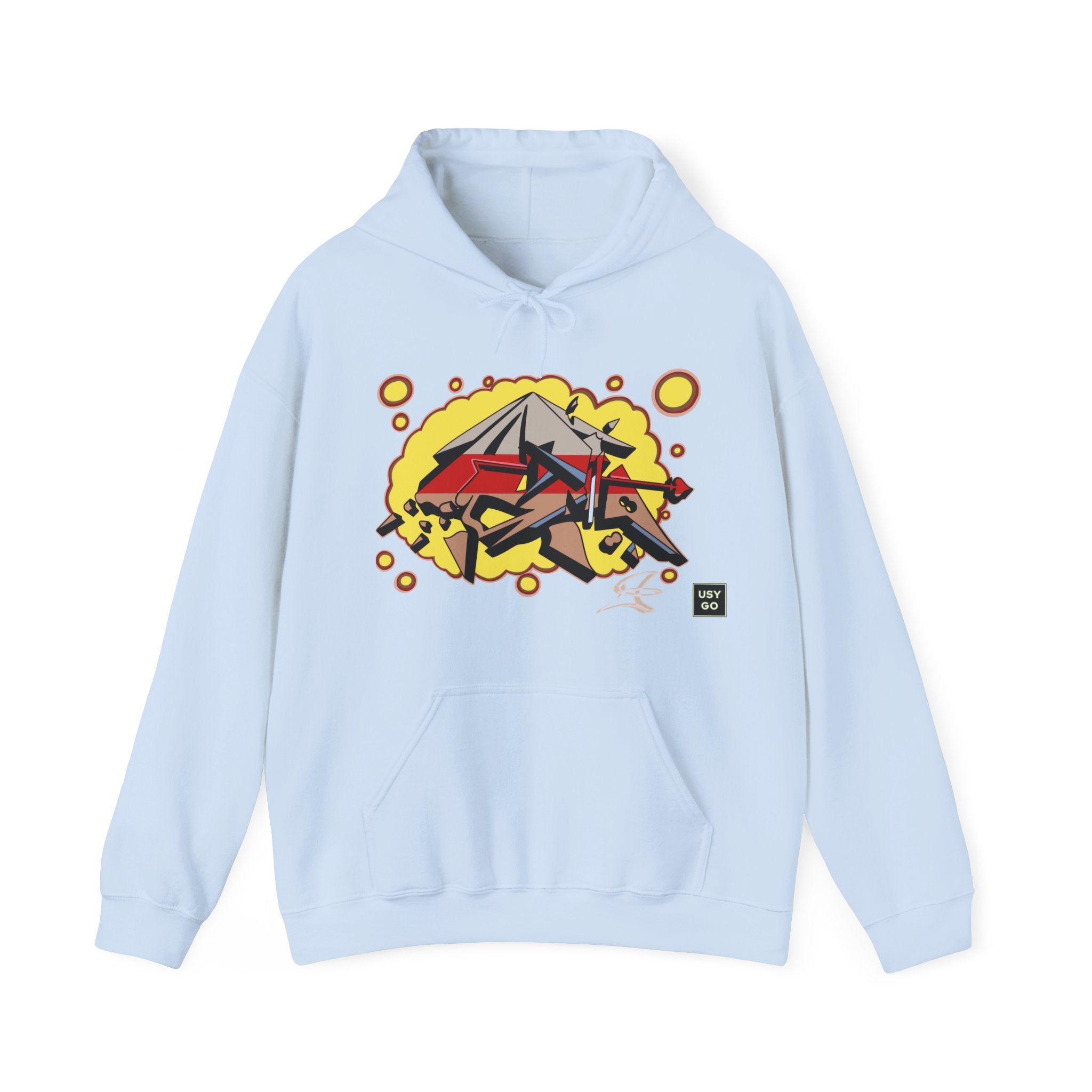 Heavy Blend Hoodie Gildan 18500 Unisex Jersey with ACE design by @johnnygraff31 printed on the front. Made from 50% Cotton 50% Polyester in Light Blue. Pouch pocket and the tear-away label make for a highly comfortable.