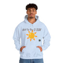 Person wearing a Heavy Blend Hoodie Gildan 18500 Unisex Jersey with Heel to the O SUN design printed on the front. Made from 50% Cotton 50% Polyester in Light Blue. Pouch pocket and the tear-away label make for a highly comfortable