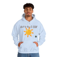 Person wearing a Heavy Blend Hoodie Gildan 18500 Unisex Jersey with Heel to the O SUN design printed on the front. Made from 50% Cotton 50% Polyester in Light Blue. Pouch pocket and the tear-away label make for a highly comfortable