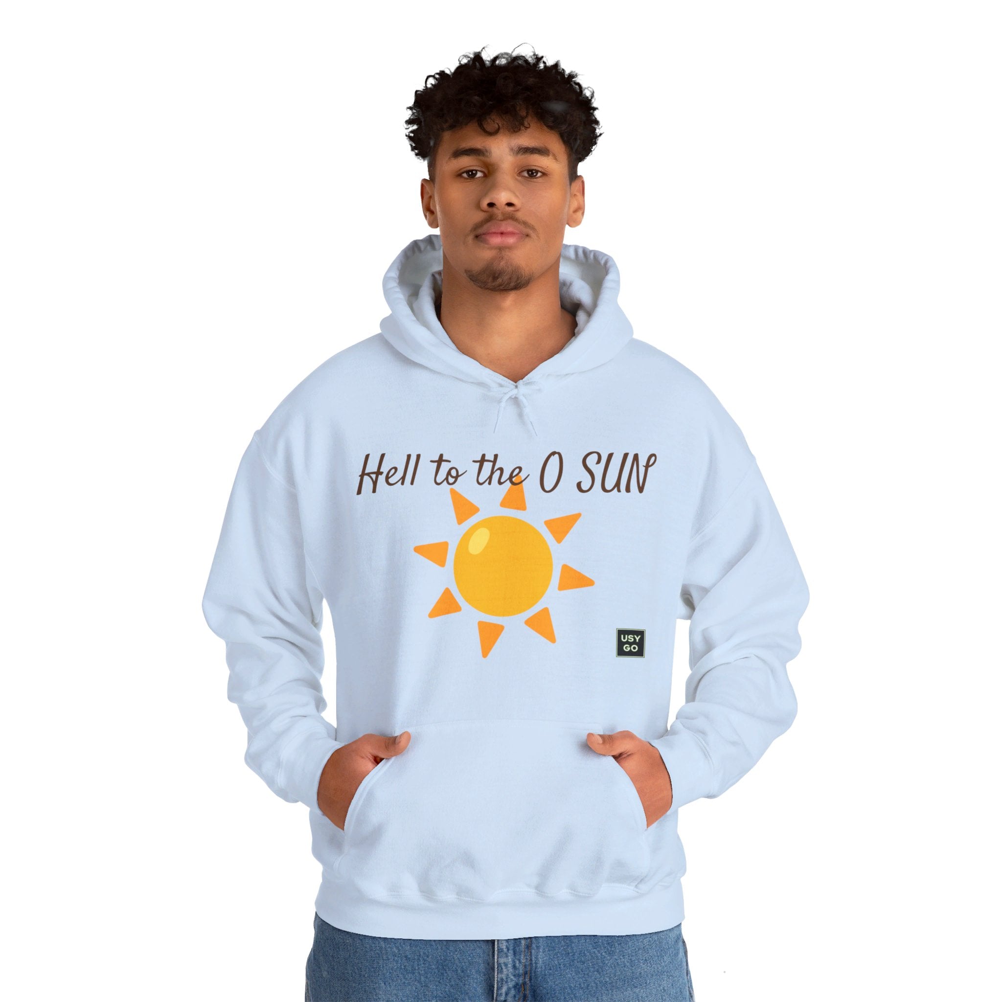 Person wearing a Heavy Blend Hoodie Gildan 18500 Unisex Jersey with Heel to the O SUN design printed on the front. Made from 50% Cotton 50% Polyester in Light Blue. Pouch pocket and the tear-away label make for a highly comfortable