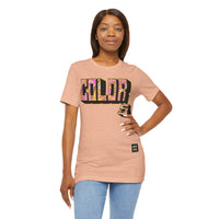 Person wearing Bella+Canvas 3001 Unisex Jersey Short Sleeve Tee with Graffiti Style Colors design by @johnnygraff31 on the front. Made from lightweight 100% Airlume combed and ring-spun cotton in Heather Peach, ideal for active and leisure wear