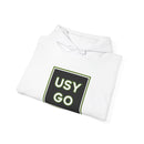 Close-up of a folded Heavy Blend Hoodie Gildan 18500 Unisex Jersey with big USYGO logo on the front. Made from 50% Cotton 50% Polyester in White. Pouch pocket and the tear-away label make for a highly comfortable, scratch-free wearing.