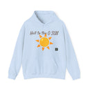 Heavy Blend Hoodie Gildan 18500 Unisex Jersey with Heel to the O SUN design printed on the front. Made from 50% Cotton 50% Polyester in Light Blue. Pouch pocket and the tear-away label make for a highly comfortable